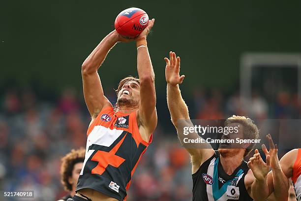 Ryan Griffen of the Giants marks during the round four AFL match between the Greater Western Sydney Giants and the Port Adelaide Power at Star Track...