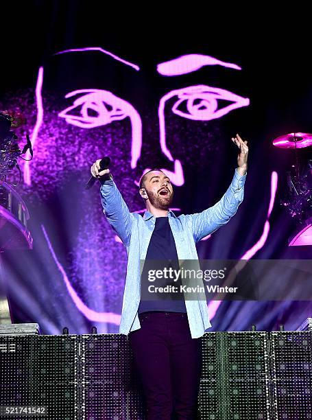 Guest singer Sam Smith performs onstage during the Disclosure show on day 2 of the 2016 Coachella Valley Music & Arts Festival Weekend 1 at the...