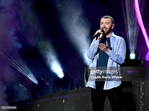 Guest singer Sam Smith performs onstage during the Disclosure show on day 2 of the 2016 Coachella Valley Music & Arts Festival Weekend 1 at the...