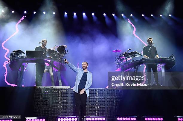 Sam Smith performs with Guy Lawrence and Howard Lawrence of Disclosure onstage during day 2 of the 2016 Coachella Valley Music & Arts Festival...