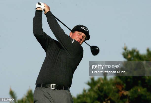 Phil Mickelson hits his tee shot on the sixth hole during the first round of the AT&T Pebble Beach National Pro-Am on February 10, 2005 at Spyglass...