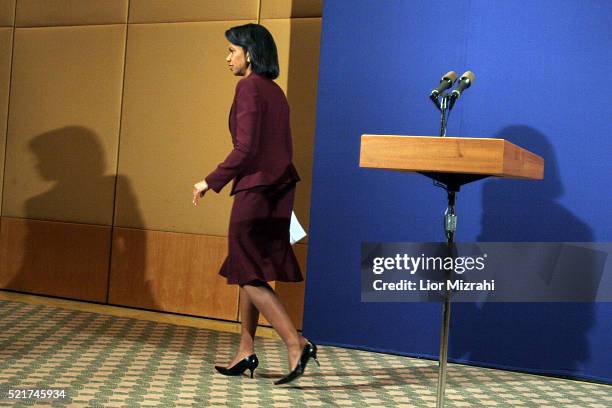 United States Secretary of State Condoleezza Rice, leaves after deliver a statement following a meeting with Israeli Prime Minister Ehud Olmert and...