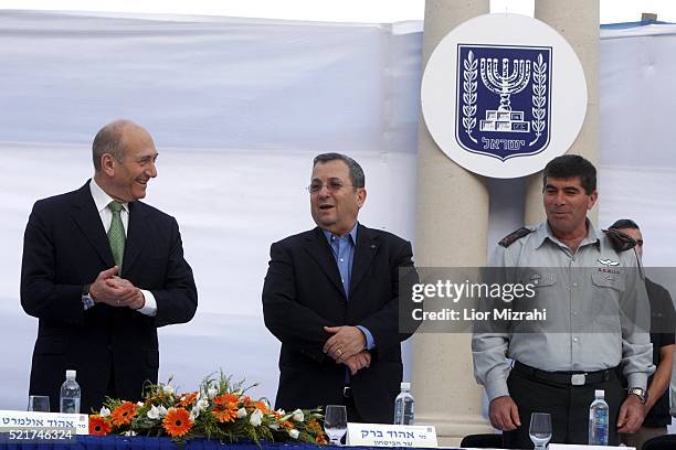 Israeli Prime Minister Ehud Olmert , Defence Minister Ehud Barak and Chief of Staff Lt Gen Gabi Ashkenazi are seen during a ceremony on July 31, 2007...