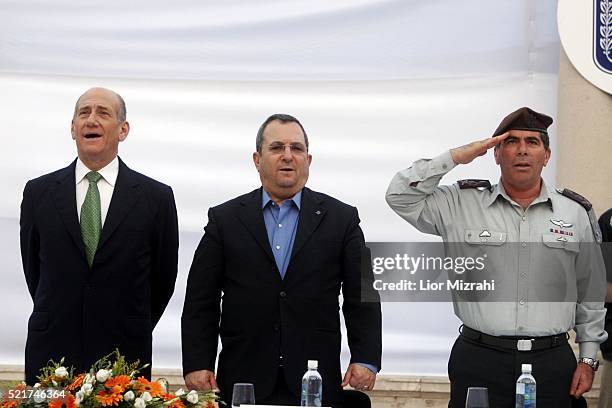 Israeli Prime Minister Ehud Olmert , Defence Minister Ehud Barak and Chief of Staff Lt Gen Gabi Ashkenazi are seen during a ceremony on July 31, 2007...