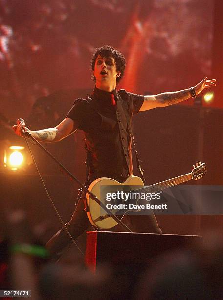 Green Day's Billie Joe Armstrong performs on stage during the 25th Anniversary BRIT Awards 2005 at Earl's Court February 9, 2005 in London.