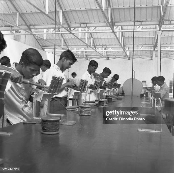 Phone Line Factory Workers At The Assembly Line Telephone Factory Manufacturing Of ...