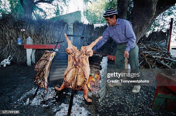 gaucho roasting pig - villa-la-angostura stockfoto's en -beelden