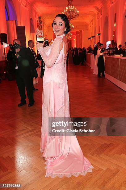 Ursula Strauss poses with her award during the 27th ROMY Award 2015 at Hofburg Vienna on April 16, 2016 in Vienna, Austria.