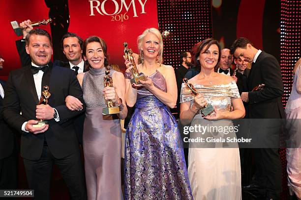 Marvin Kren, Quirin Berg; Adele Neuhauser, Barbara Schoeneberger and Sandra Maischberger poses with her award during the 27th ROMY Award 2015 at...