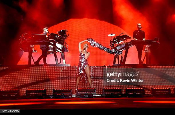 Guest singer Jillian Hervey of Lion Babe performs onstage with Guy Lawrence and Howard Lawrence of Disclosure during day 2 of the 2016 Coachella...