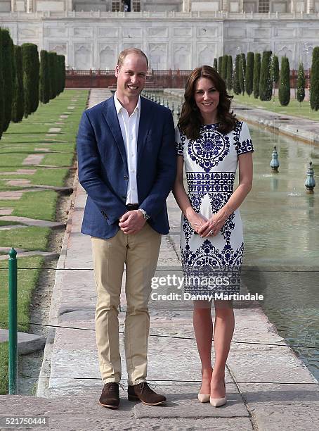 Prince William, Duke of Cambridge and Catherine, Duchess of Cambridge pose in front of the Taj Mahal on April 16, 2016 in Agra, India. This is the...