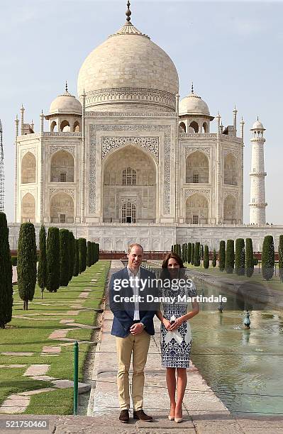 Prince William, Duke of Cambridge and Catherine, Duchess of Cambridge pose in front of the Taj Mahal on April 16, 2016 in Agra, India. This is the...