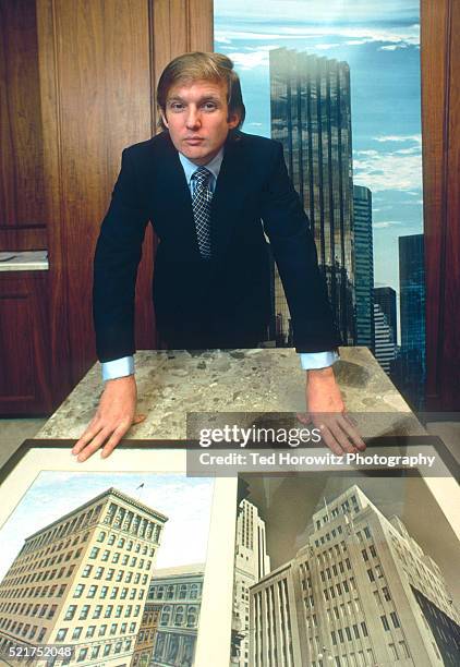 donald trump with rendering of trump tower building, nyc, 1980. - 1980 stock pictures, royalty-free photos & images