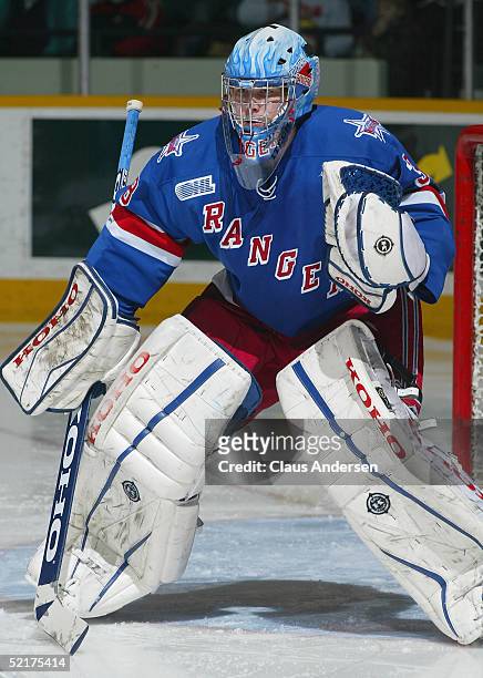 Goaltender Dan Turple of the Kitchener Rangers in action against the Peterborough Petes at Peterborough Memorial Centre on January 27, 2005 in...