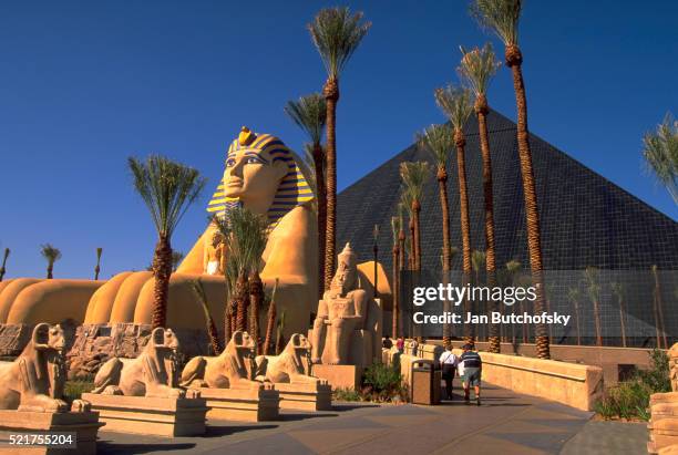 sphinx and pyramid at luxor hotel and casino - las vegas pyramid hotel stock pictures, royalty-free photos & images