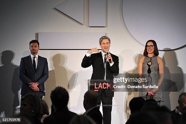 Trustee Ryan Seacrest, LACMA Director and CEO Michael Govan and Collectors Committee Chair Ann Colgin speak onstage at the LACMA 2016 Collectors...