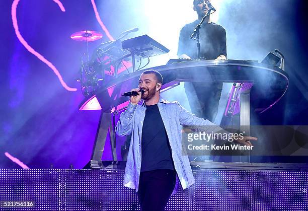Singer Sam Smith performs with Guy Lawrence of Disclosure during the Disclosure show on day 2 of the 2016 Coachella Valley Music & Arts Festival...
