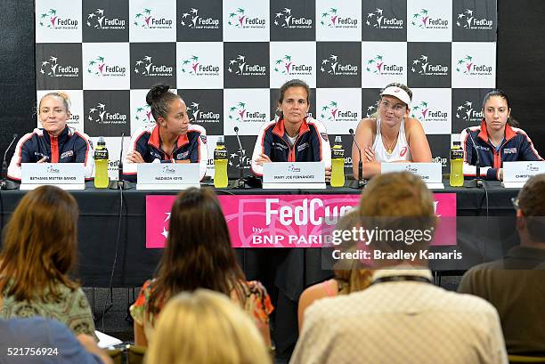 The USA Fed Cup team attend a press conference after the Fed Cup tie between Australia and the United States at Pat Rafter Arena on April 17, 2016 in...