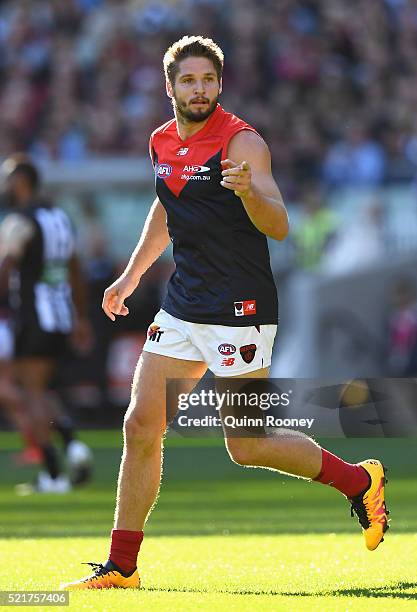 Jesse Hogan of the Demons celebrates after kicking a goal during the round four AFL match between the Collingwood Magpies and the Melbourne Demons at...