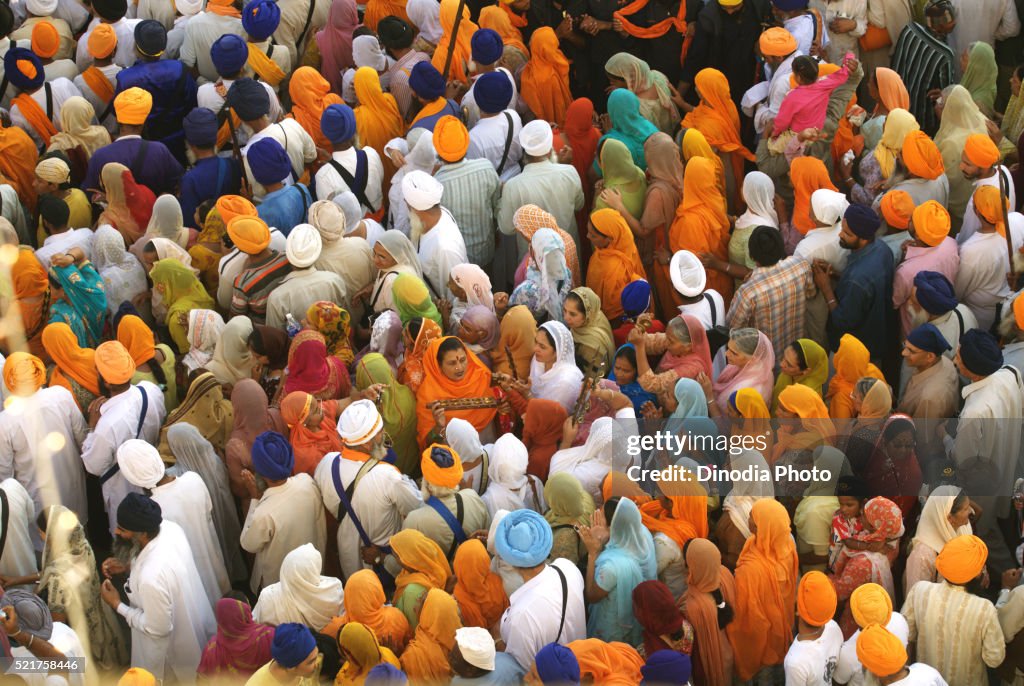 Sikh devotees taking part procession Sachkhand Saheb Gurudwara Consecration perpetual Guru Granth Sahib Nanded, Maharashtra