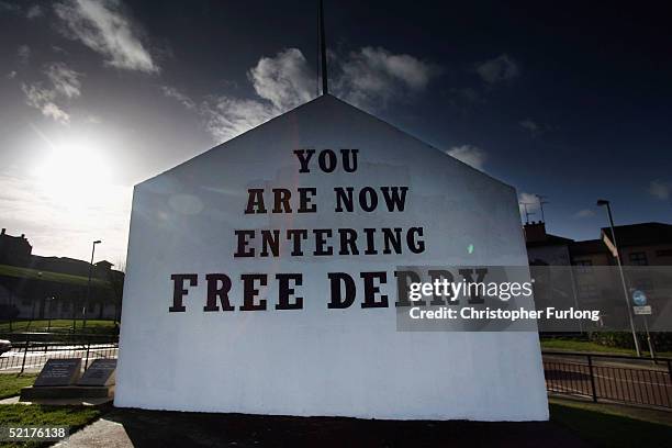 Republican mural is seen on the side of a house in the Bogside are of Londonderry, the scene of the 'Bloody Sunday' shootings, on February 10, 2005...