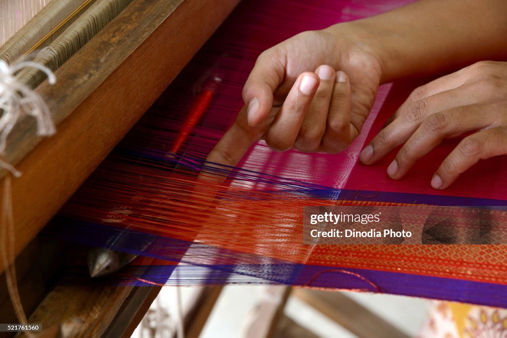 Handloom Woman Weaving Saree On Handloom At Maharashtra India Asia High-Res ...