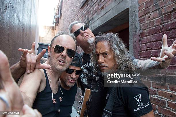 Lars Ulrich, Robert Trujillo, James Hetfield and Kirk Hammett of Metallica perform on Record Store Day at Rasputin Music on April 16, 2016 in...