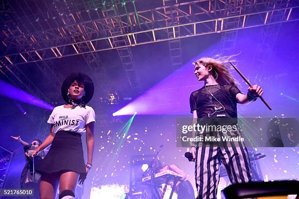 Recording artist Janelle Monae performs onstage with singer Grimes during day 2 of the 2016 Coachella Valley Music & Arts Festival Weekend 1 at the...