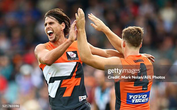Ryan Griffen of the Giants celebrates a goal during the round four AFL match between the Greater Western Sydney Giants and the Port Adelaide Power at...