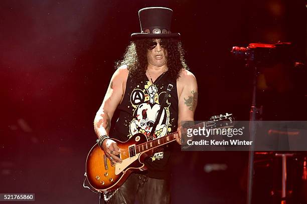 Musician Slash of Guns N' Roses performs onstage during day 2 of the 2016 Coachella Valley Music & Arts Festival Weekend 1 at the Empire Polo Club on...