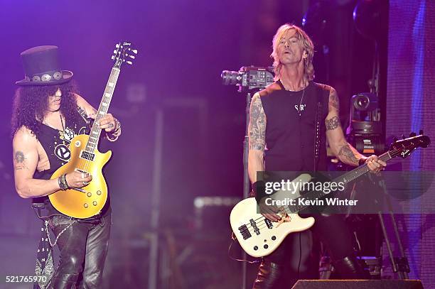 Musicians Slash and Duff McKagan of Guns N' Roses perform onstage during day 2 of the 2016 Coachella Valley Music & Arts Festival Weekend 1 at the...