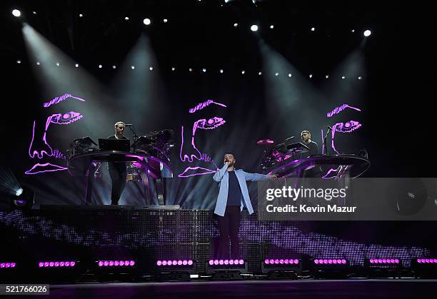 Guest singer Sam Smith performs onstage with Guy Lawrence and Howard Lawrence of Disclosure during day 2 of the 2016 Coachella Valley Music & Arts...