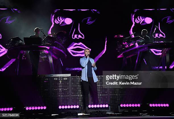 Guest singer Sam Smith performs onstage with Guy Lawrence and Howard Lawrence of Disclosure during day 2 of the 2016 Coachella Valley Music & Arts...
