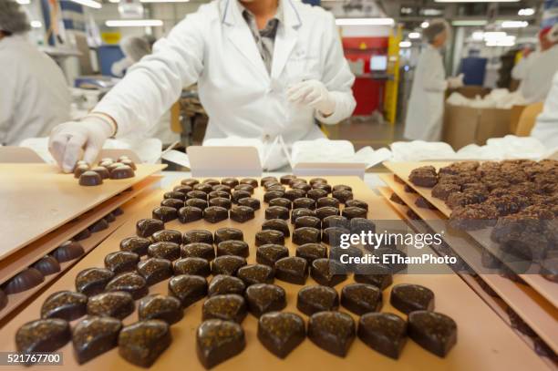 swiss chocolate production at lindt & spruengli chocolate factory, zurich - chocolate factory stock pictures, royalty-free photos & images