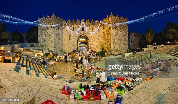 street market at damascus gate at dusk during ramadam - jerusalem market stock pictures, royalty-free photos & images