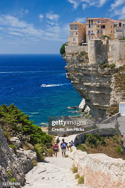 old town buildings perched on cliffs - コルシカ ストックフォトと画像