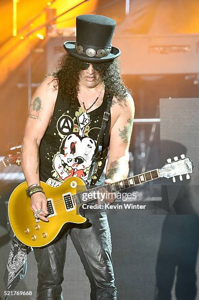 Lead guitarist Slash of Guns N' Roses performs onstage during day 2 of the 2016 Coachella Valley Music & Arts Festival Weekend 1 at the Empire Polo...