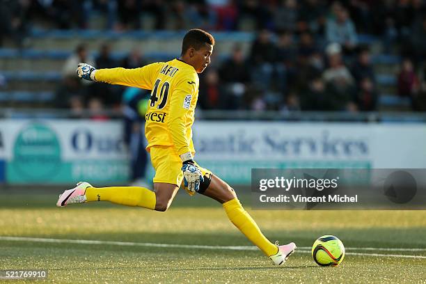 Alban Lafont of Toulouse during the French Ligue 1 between Lorient and Toulouse at Stade du Moustoir on April 16, 2016 in Lorient, France.