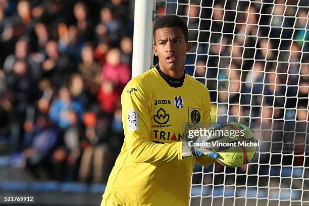 Alban Lafont of Toulouse during the French Ligue 1 between Lorient and Toulouse at Stade du Moustoir on April 16, 2016 in Lorient, France.