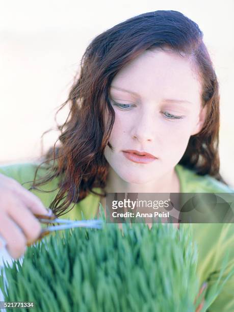 young woman cutting gras - anna gras foto e immagini stock