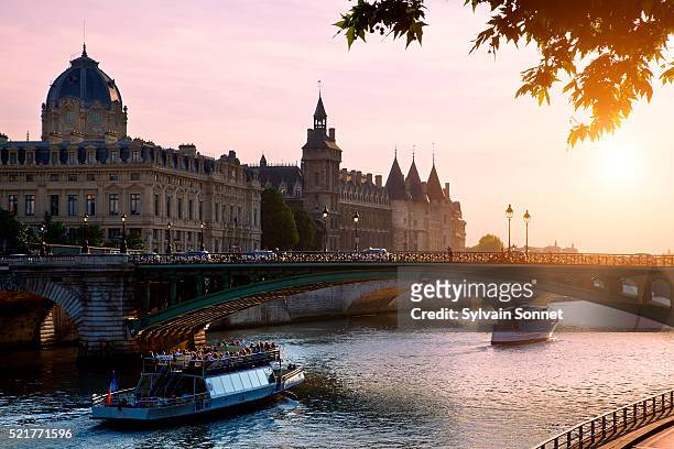 tourist boat on seine river at sunset - fluss seine stock-fotos und bilder