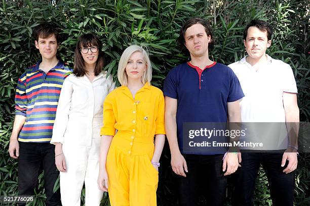 Musicians Alec O'Hanley, Kerri MacLellan, Molly Rankin, Phil MacIsaac and Brian Murphy of Alvvays pose backstage during day 2 of the 2016 Coachella...