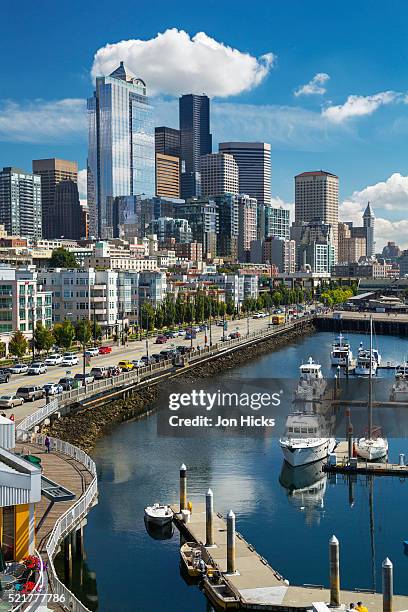 seattle waterfront park and downtown. - north pacific stock pictures, royalty-free photos & images