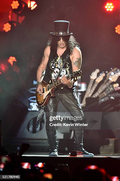 Lead guitarist Slash of Guns N' Roses performs onstage during day 2 of the 2016 Coachella Valley Music & Arts Festival Weekend 1 at the Empire Polo...