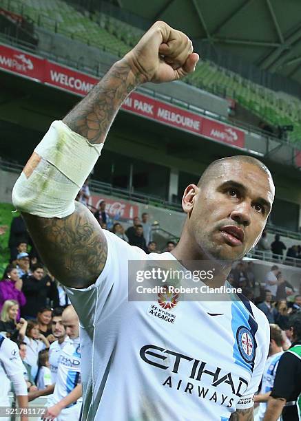 Patrick Kisnorbo of Melbourne City celebrates after they defeated Perth Glory during the A-League Elimination Final match between Melbourne City FC...