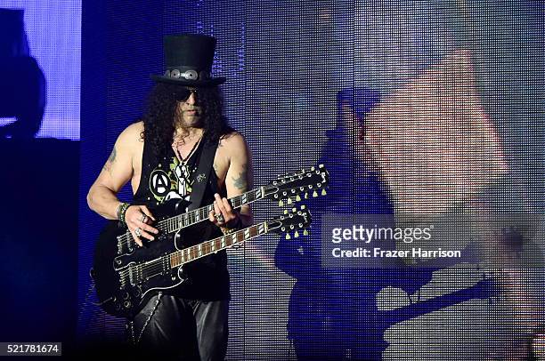 Lead guitarist Slash of Guns N' Roses performs onstage during day 2 of the 2016 Coachella Valley Music & Arts Festival Weekend 1 at the Empire Polo...