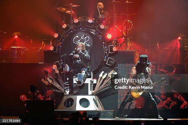 Musicians Axl Rose and Slash of Guns N' Roses perform onstage during day 2 of the 2016 Coachella Valley Music & Arts Festival Weekend 1 at the Empire...