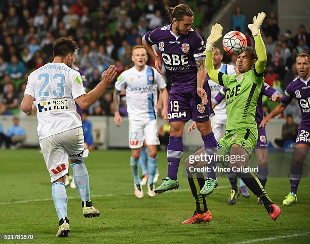 Bruno Fornaroli of Melbourne City headers the ball but is saved by Perth Glory goalkeeper Ante Covic during the A-League Elimination Final match...