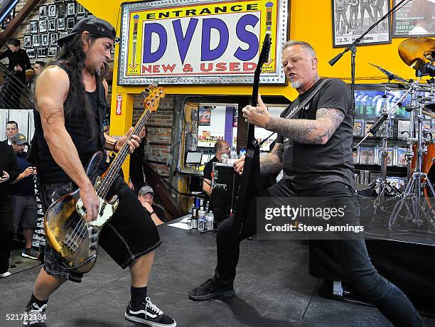 Robert Trujillo and James Hetfield of Metallica perform on Record Store Day at Rasputin Music on April 16, 2016 in Berkeley, California.