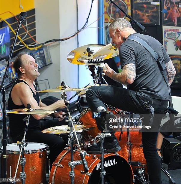 Lars Ulrich and James Hetfield of Metallica perform on Record Store Day at Rasputin Music on April 16, 2016 in Berkeley, California.